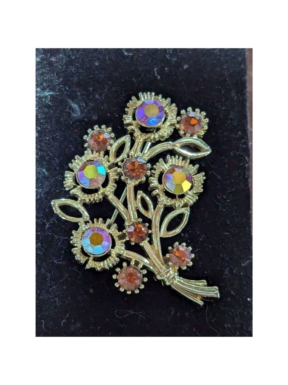 Lisner Vintage Women's Gold Rhinestone Floral Signed Screw Back Earrings & Mathi